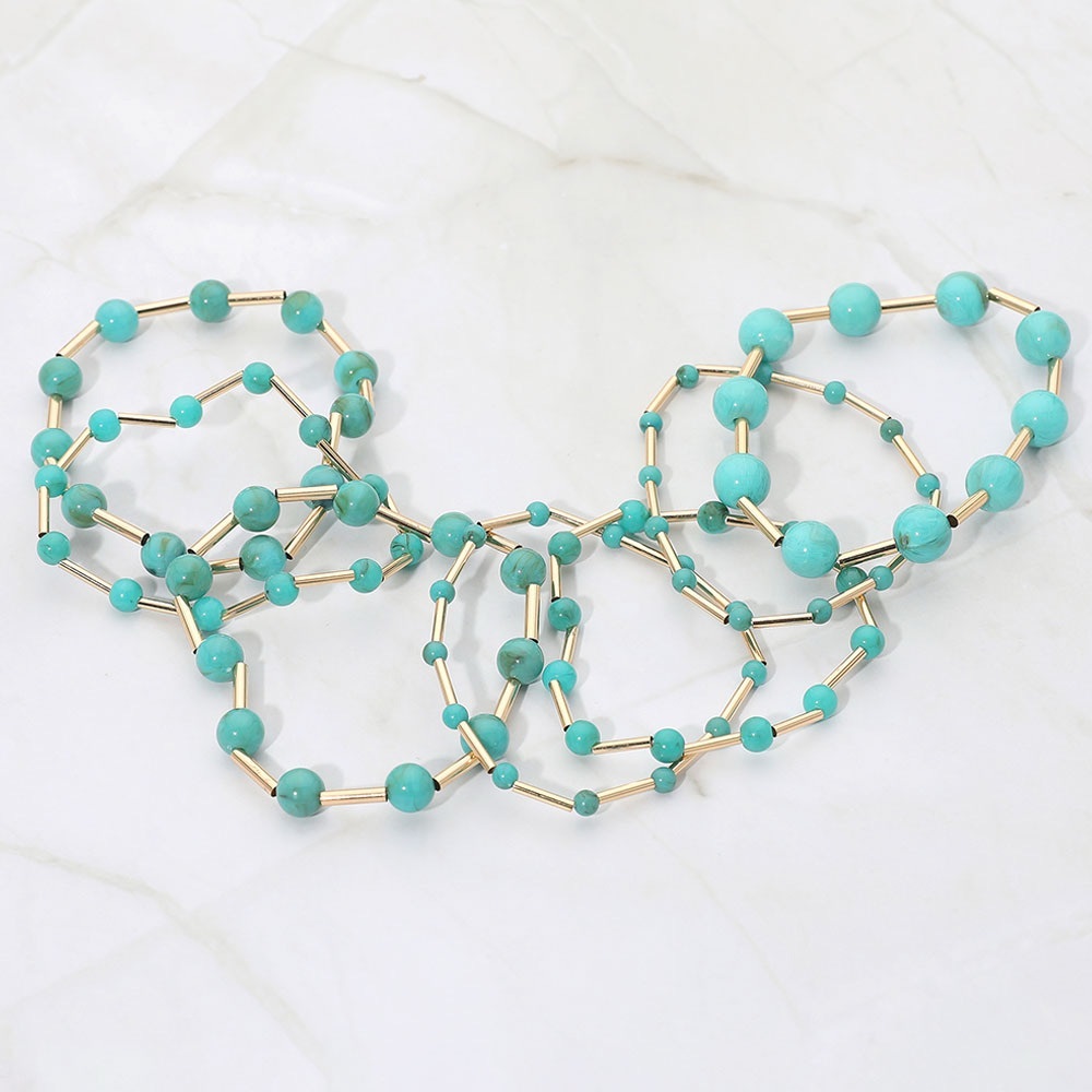 7PCS - Resin Ball Metal Bar Beaded Stretch Multi Layered Bracelets - Picture 3 of 5
